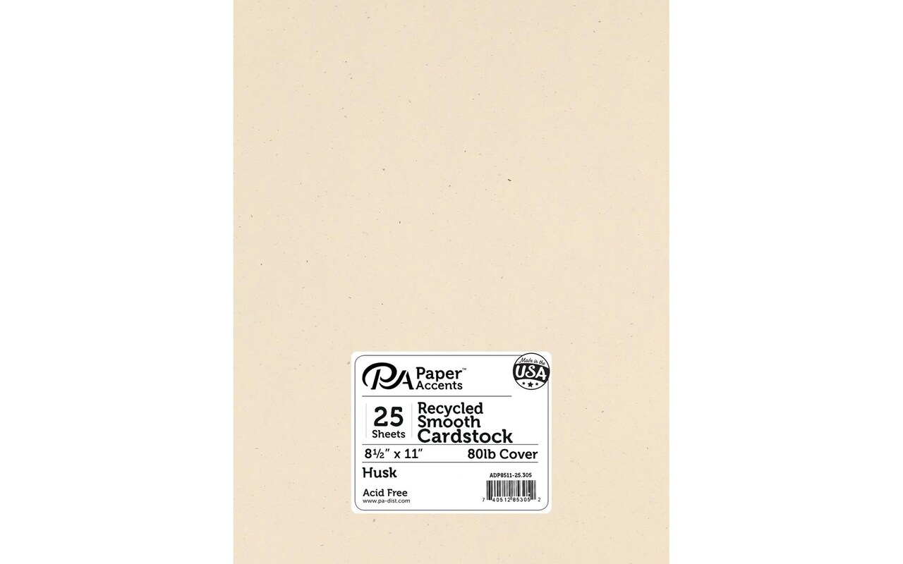 PA Paper Accents Recycled Cardstock 8.5" x 11" Husk, 80lb colored cardstock paper for card making, scrapbooking, printing, quilling and crafts, 25 piece pack